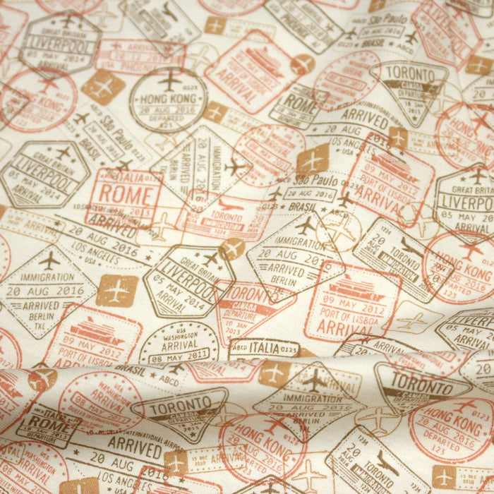 Tissu popeline coton, les tampons de passeport, collection VOYAGE - TissusPapi.com