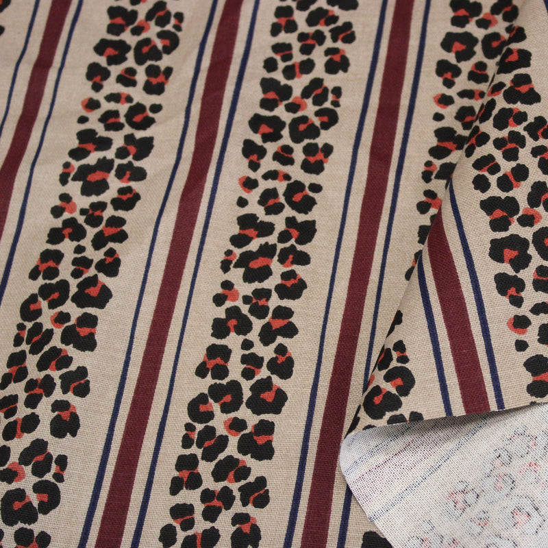 Tissu coton demi-natté LEOPARD & rayures bordeaux et bleues, fond lin - OEKO-TEX STANDARD 100