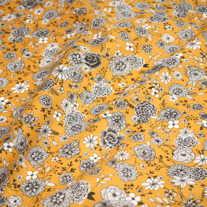 Tissu coton jaune safran & imprimé fleuri noir et blanc - COLLECTION SIRACUSA