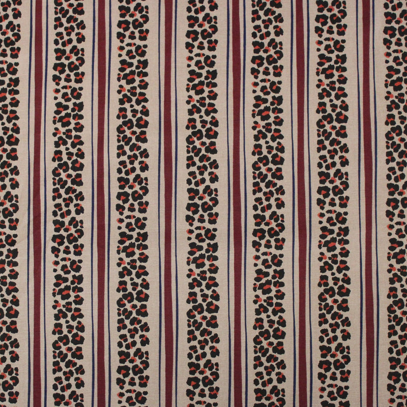 Tissu coton demi-natté LEOPARD & rayures bordeaux et bleues, fond lin - OEKO-TEX STANDARD 100