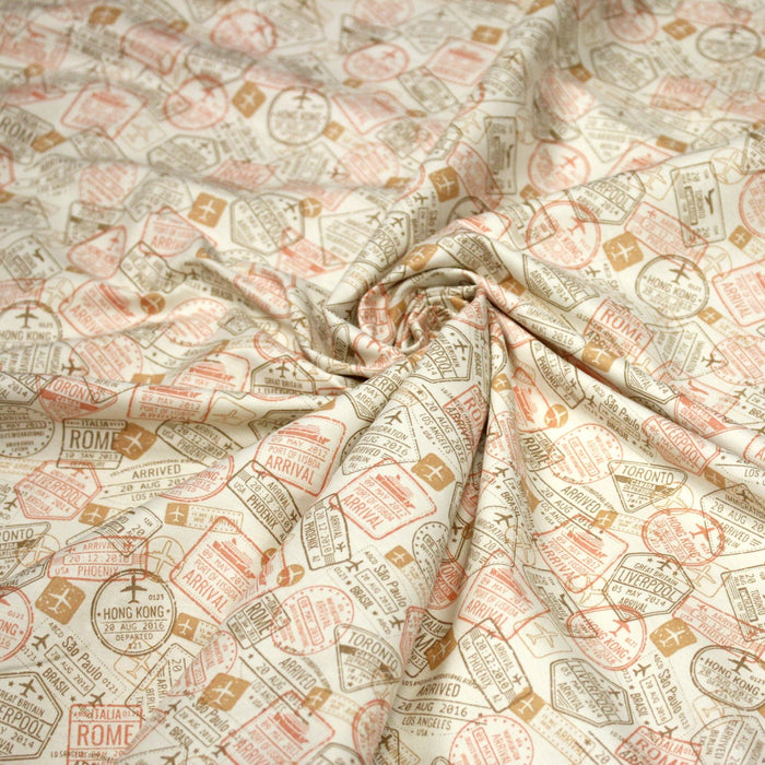 Tissu popeline coton, les tampons de passeport, collection VOYAGE - TissusPapi.com