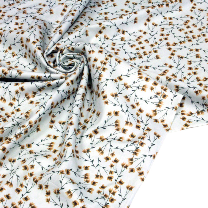 Tissu popeline coton, bleu ciel aux fines fleurs ocre et tiges vertes - Collection britannique - TissusPapi.com