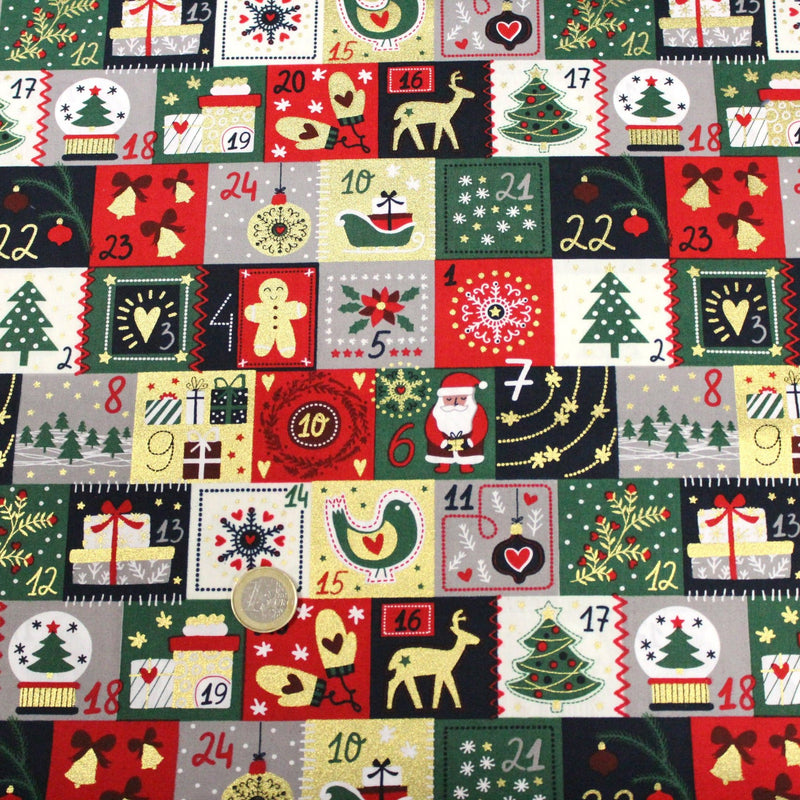 Tissu de coton de Noël La calendrier de l'Avent bleu, rouge, vert et doré - COLLECTION NOËL - OEKO - TEX - TissusPapi.com