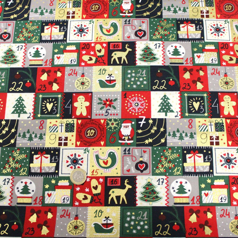 Tissu de coton de Noël La calendrier de l'Avent bleu, rouge, vert et doré - COLLECTION NOËL - OEKO - TEX - TissusPapi.com
