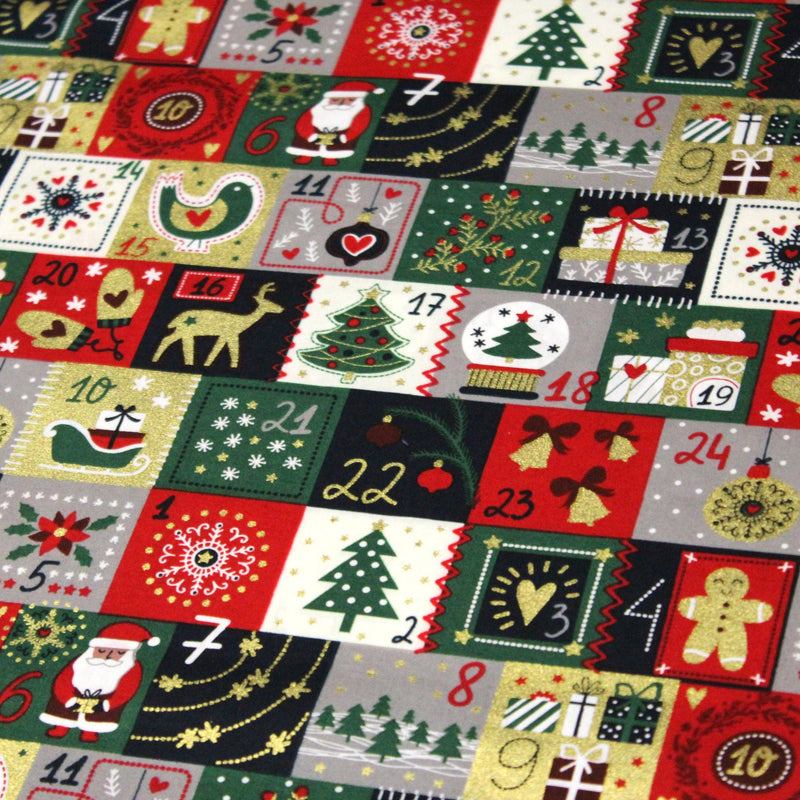 Tissu de coton de Noël La calendrier de l'Avent bleu, rouge, vert et doré - COLLECTION NOËL - OEKO - TEX - TissusPapi.com
