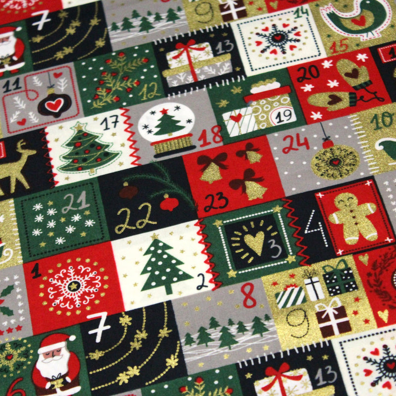 Tissu de coton de Noël La calendrier de l'Avent bleu, rouge, vert et doré - COLLECTION NOËL - OEKO - TEX - TissusPapi.com