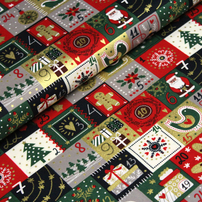 Tissu de coton de Noël La calendrier de l'Avent bleu, rouge, vert et doré - COLLECTION NOËL - OEKO - TEX - TissusPapi.com