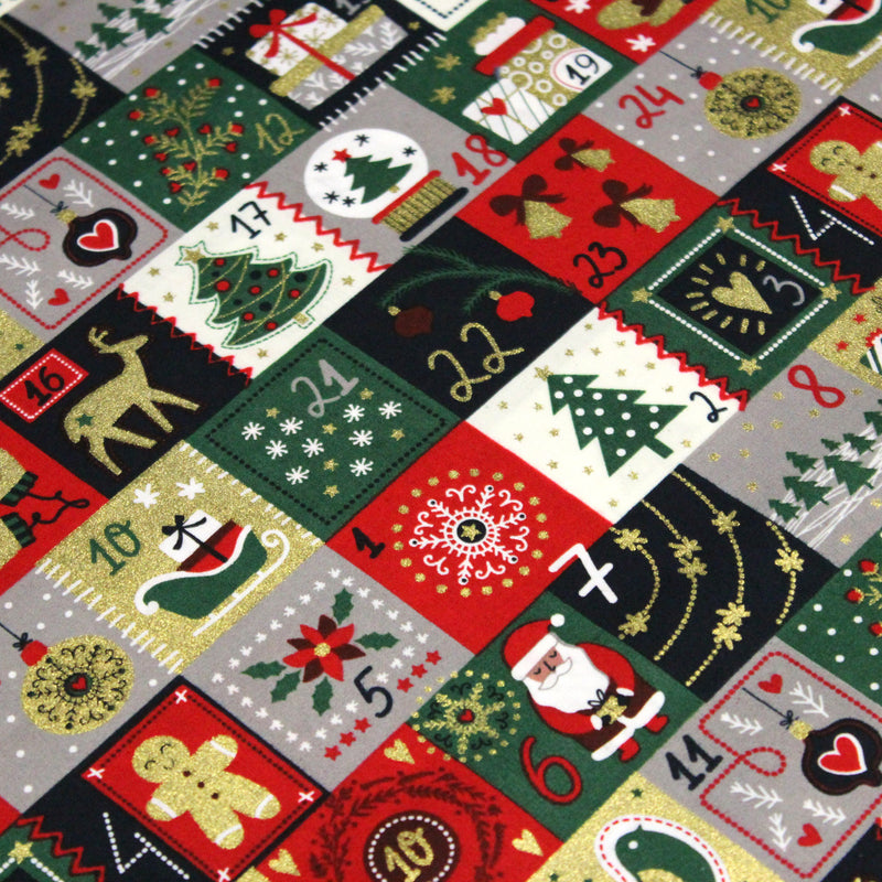 Tissu de coton de Noël La calendrier de l'Avent bleu, rouge, vert et doré - COLLECTION NOËL - OEKO - TEX - TissusPapi.com