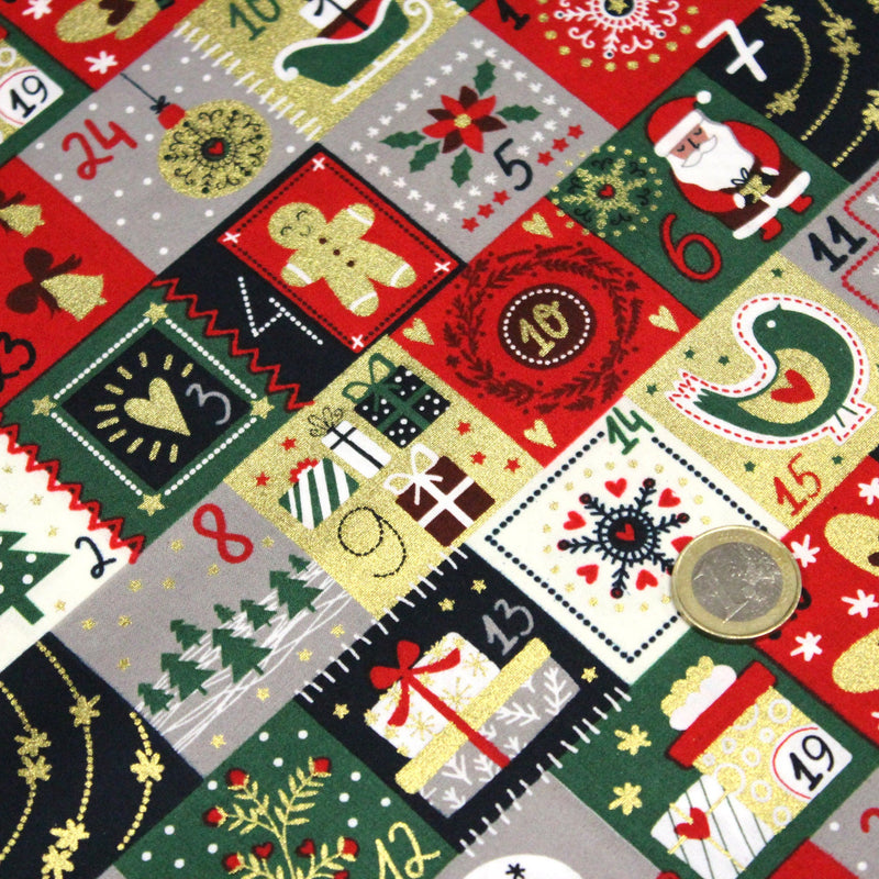 Tissu de coton de Noël La calendrier de l'Avent bleu, rouge, vert et doré - COLLECTION NOËL - OEKO - TEX - TissusPapi.com