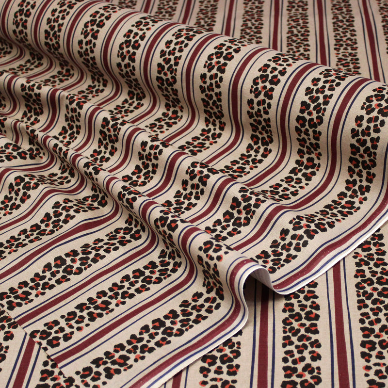 Tissu coton demi-natté LEOPARD & rayures bordeaux et bleues, fond lin - OEKO-TEX STANDARD 100