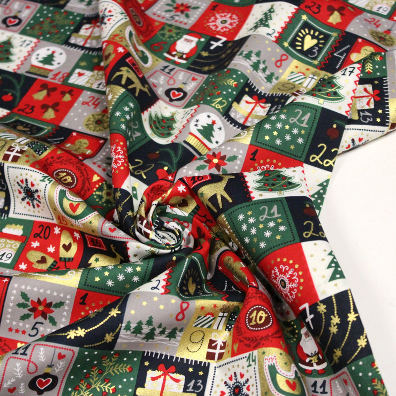 Tissu de coton de Noël La calendrier de l'Avent bleu, rouge, vert et doré - COLLECTION NOËL - OEKO - TEX - TissusPapi.com