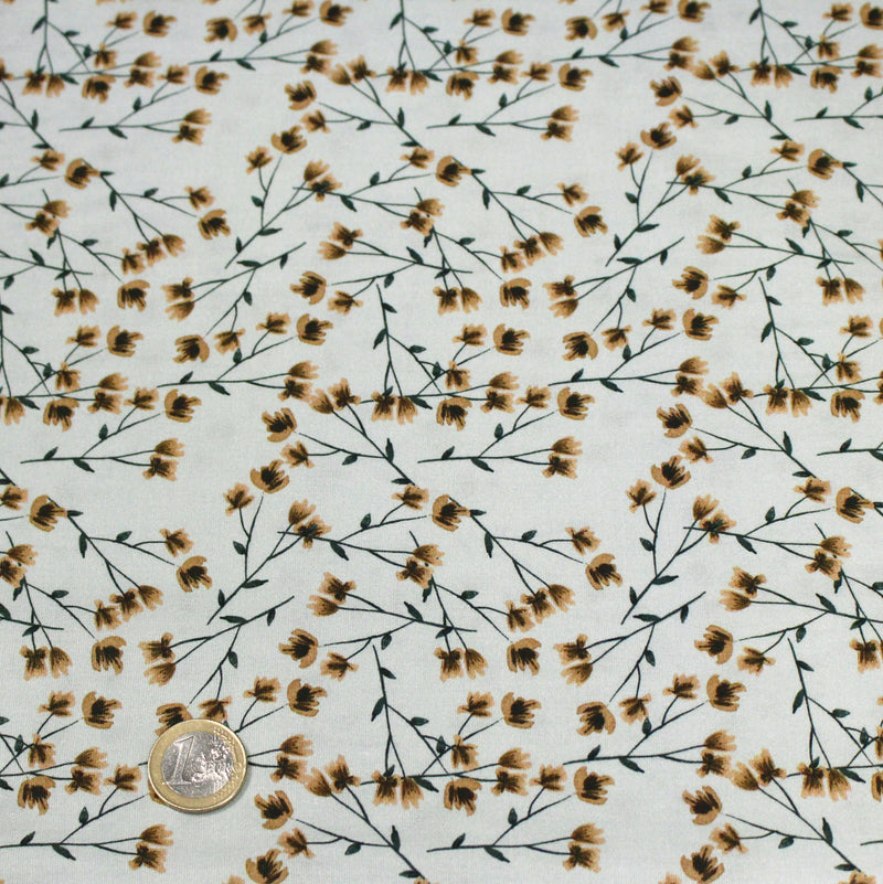 Tissu popeline coton, bleu ciel aux fines fleurs ocre et tiges vertes - Collection britannique - TissusPapi.com