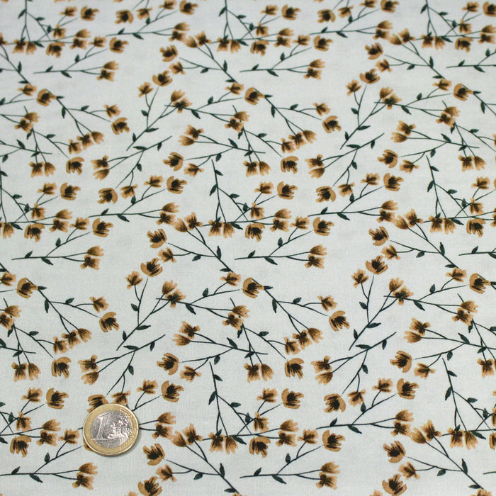 Tissu popeline coton, bleu ciel aux fines fleurs ocre et tiges vertes - Collection britannique - TissusPapi.com