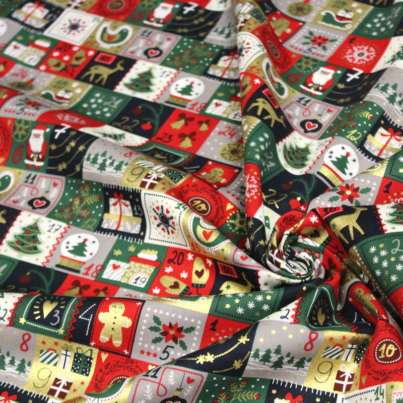 Tissu de coton de Noël La calendrier de l'Avent bleu, rouge, vert et doré - COLLECTION NOËL - OEKO - TEX - TissusPapi.com
