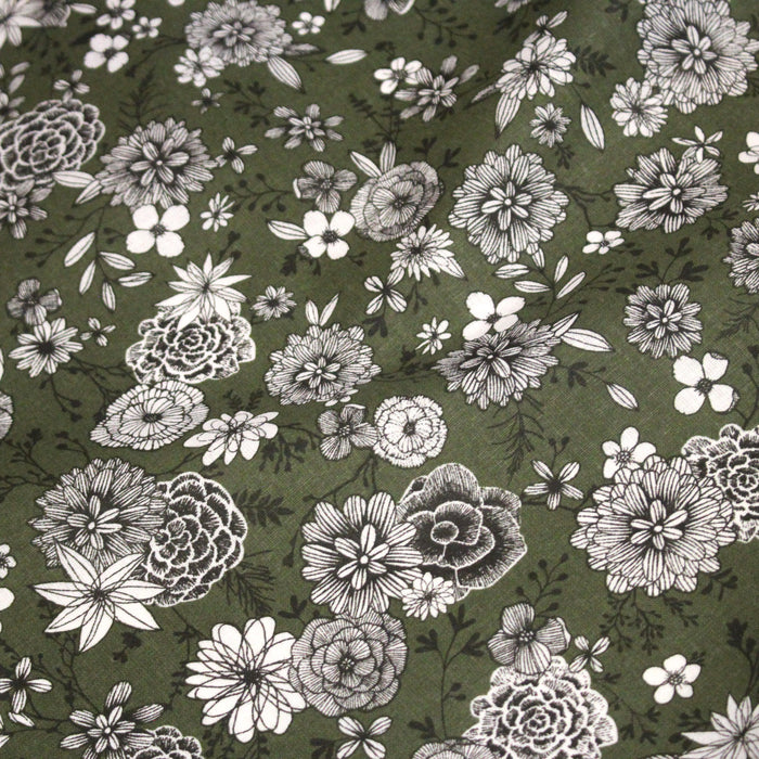 Tissu coton vert kaki & imprimé fleuri noir et blanc - COLLECTION SIRACUSA