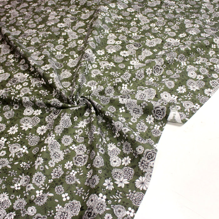 Tissu coton vert kaki & imprimé fleuri noir et blanc - COLLECTION SIRACUSA