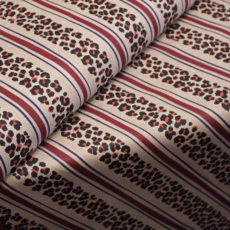 Tissu coton demi-natté LEOPARD & rayures bordeaux et bleues, fond lin - OEKO-TEX STANDARD 100