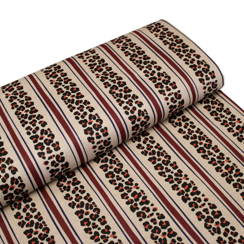 Tissu coton demi-natté LEOPARD & rayures bordeaux et bleues, fond lin - OEKO-TEX STANDARD 100