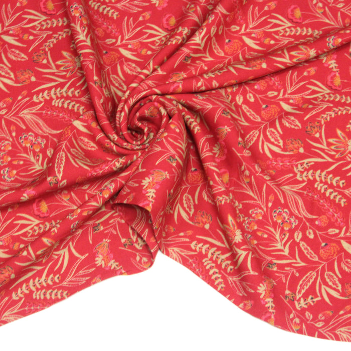 Tissu Viscose fluide RAMA, rouge aux feuilles et fleurs fines ocres - OEKO-TEX