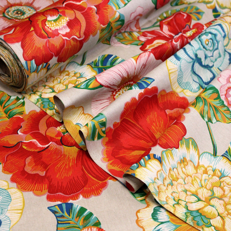 Tissu coton demi-natté PALOMA aux grandes et belles fleurs colorées, fond lin - OEKO-TEX STANDARD 100