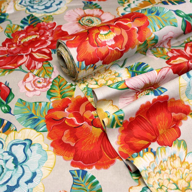 Tissu coton demi-natté PALOMA aux grandes et belles fleurs colorées, fond lin - OEKO-TEX STANDARD 100