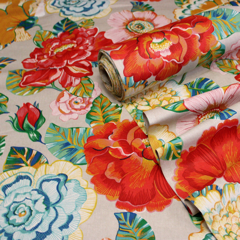Tissu coton demi-natté PALOMA aux grandes et belles fleurs colorées, fond lin - OEKO-TEX STANDARD 100