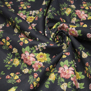 Tissu popeline coton gris aux fleurs roses et jaunes - Collection britannique - TissusPapi.com