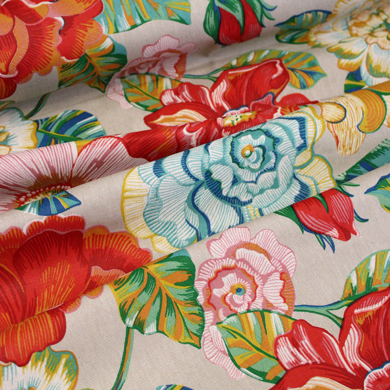 Tissu coton demi-natté PALOMA aux grandes et belles fleurs colorées, fond lin - OEKO-TEX STANDARD 100