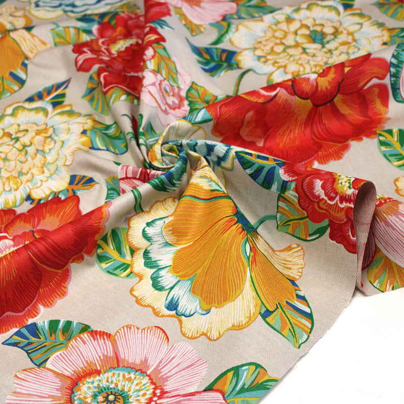 Tissu coton demi-natté PALOMA aux grandes et belles fleurs colorées, fond lin - OEKO-TEX STANDARD 100