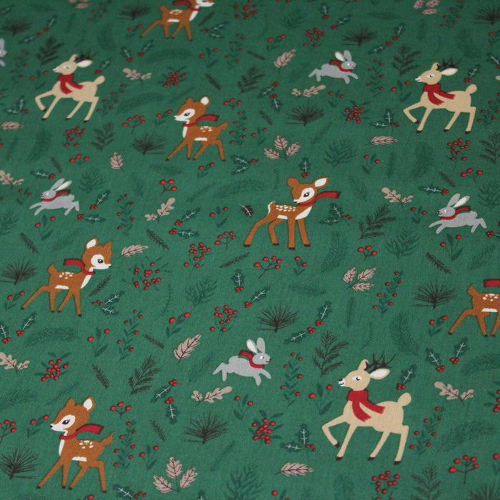 Tissu de coton de Noël vert aux faons Bambi, lapins, rennes et feuilles de houx - COLLECTION NOËL - OEKO-TEX