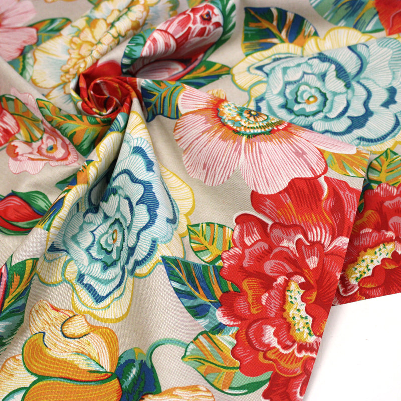 Tissu coton demi-natté PALOMA aux grandes et belles fleurs colorées, fond lin - OEKO-TEX STANDARD 100