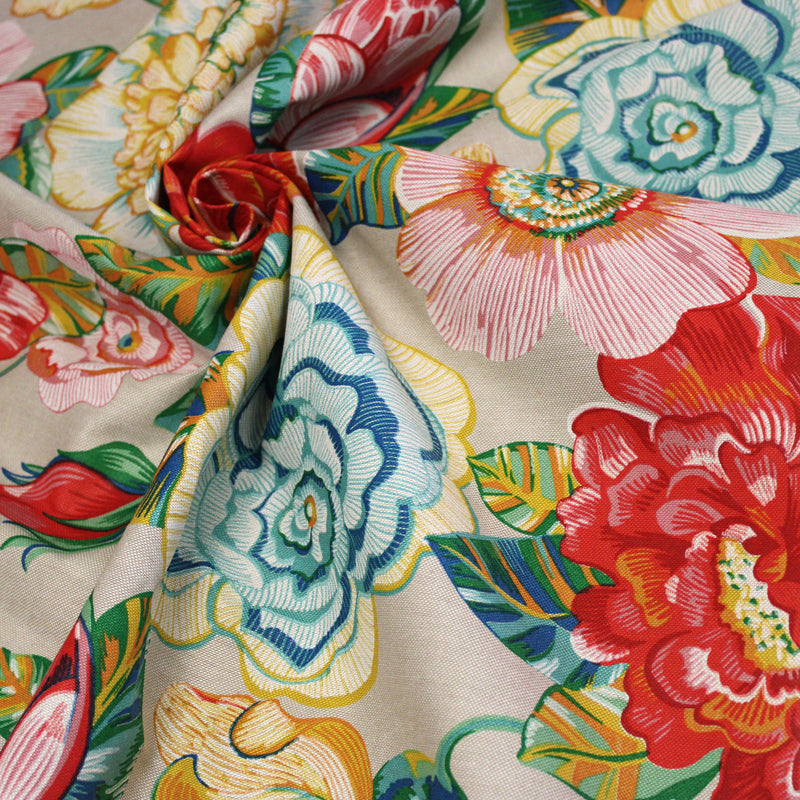 Tissu coton demi-natté PALOMA aux grandes et belles fleurs colorées, fond lin - OEKO-TEX STANDARD 100