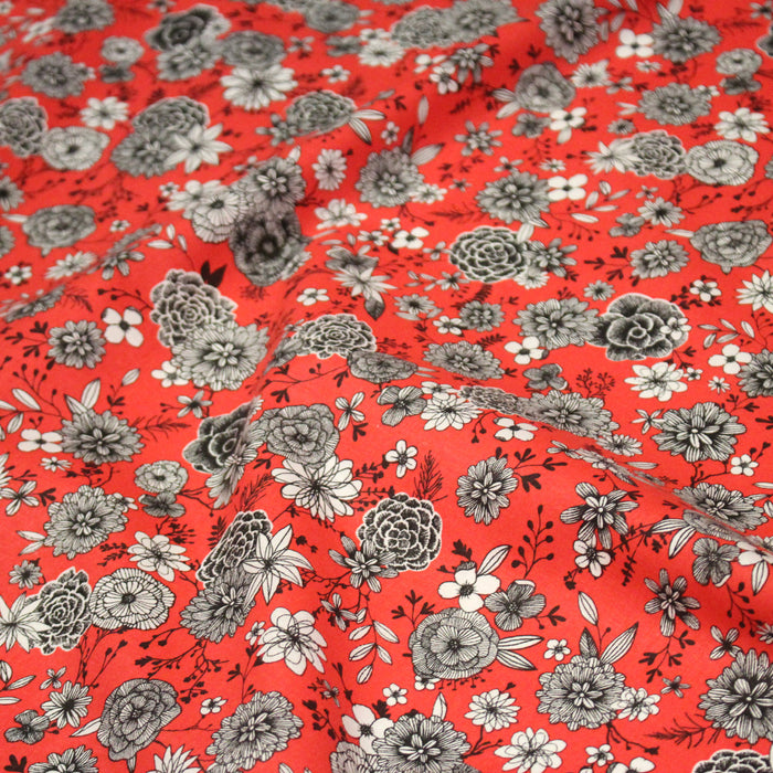 Tissu coton rouge corail & imprimé fleuri noir et blanc - COLLECTION SIRACUSA