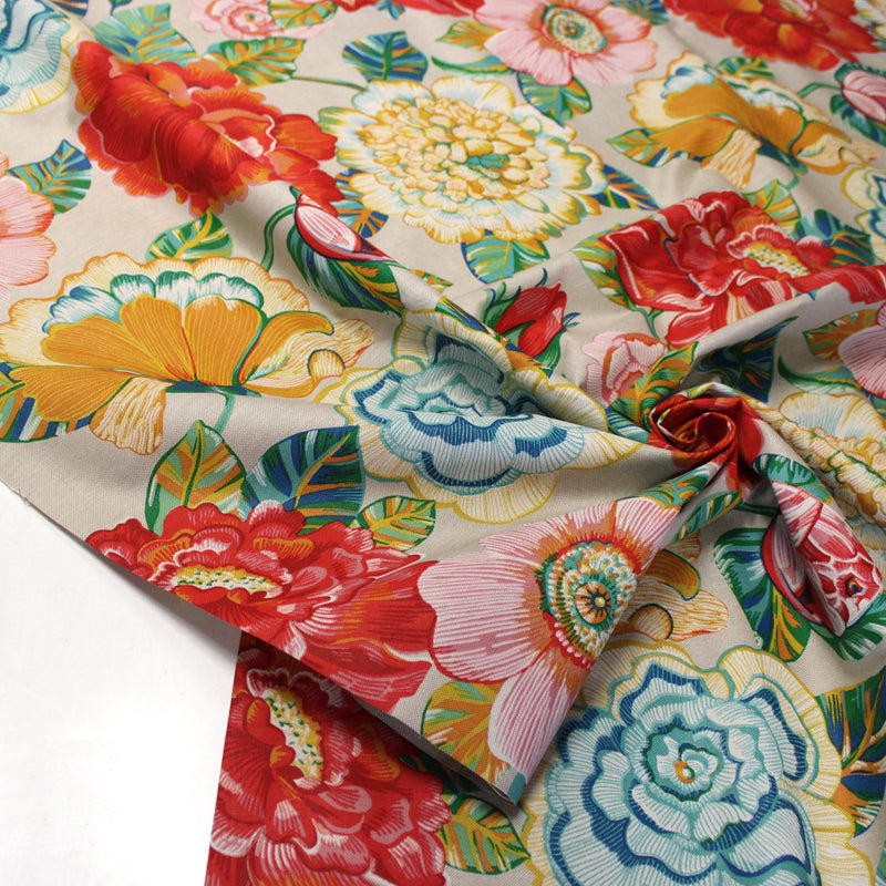 Tissu coton demi-natté PALOMA aux grandes et belles fleurs colorées, fond lin - OEKO-TEX STANDARD 100