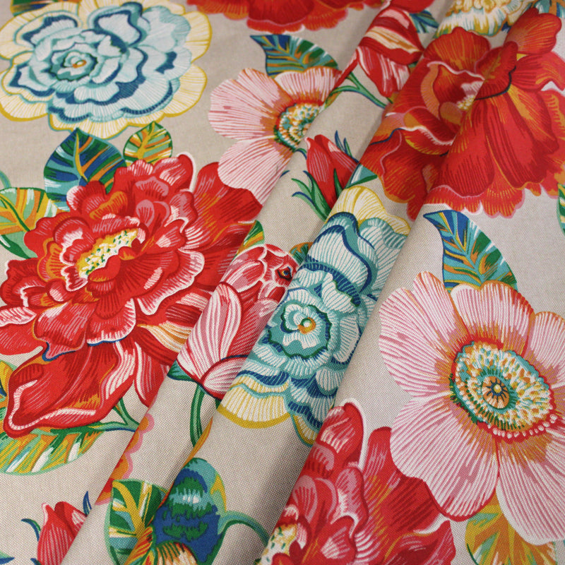 Tissu coton demi-natté PALOMA aux grandes et belles fleurs colorées, fond lin - OEKO-TEX STANDARD 100