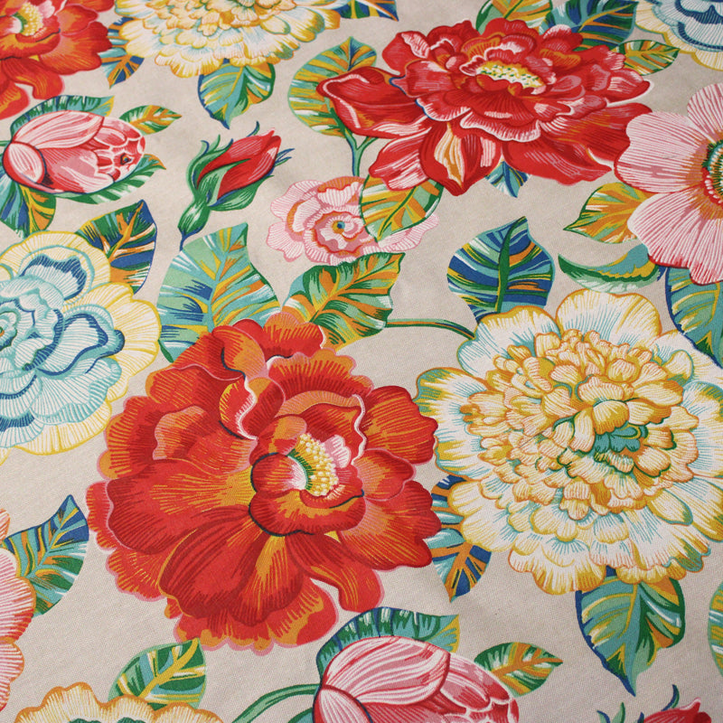 Tissu coton demi-natté PALOMA aux grandes et belles fleurs colorées, fond lin - OEKO-TEX STANDARD 100