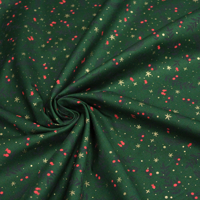 Tissu de coton de Noël vert aux branches de houx vertes et étoiles dorées - COLLECTION NOËL - OEKO-TEX