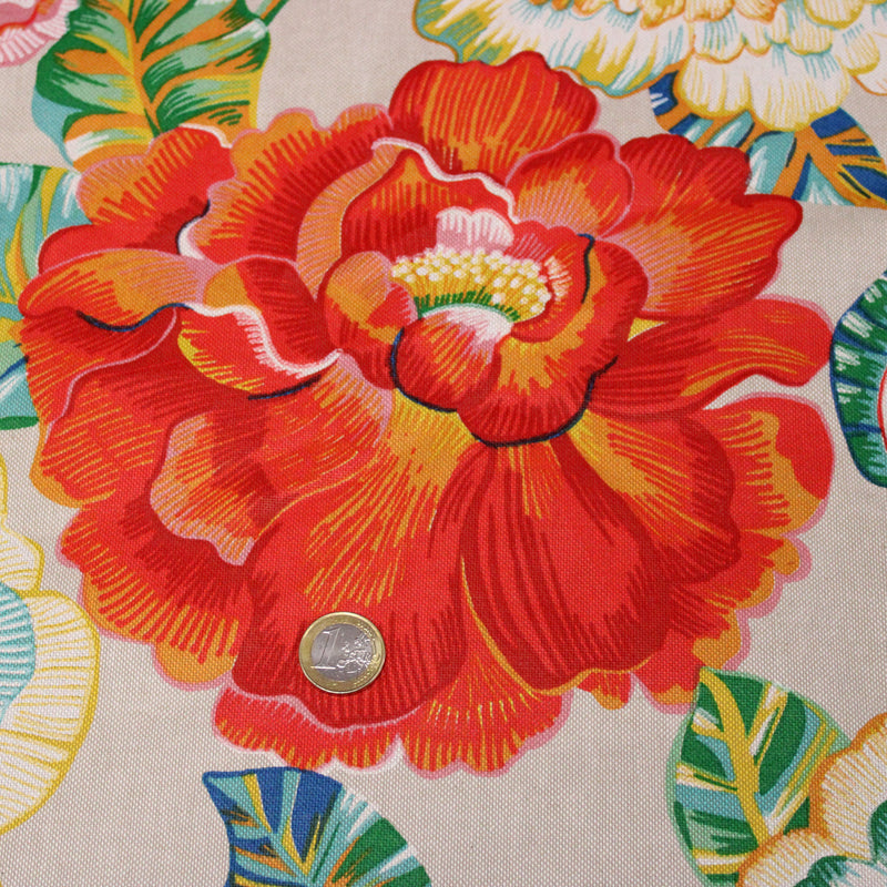 Tissu coton demi-natté PALOMA aux grandes et belles fleurs colorées, fond lin - OEKO-TEX STANDARD 100