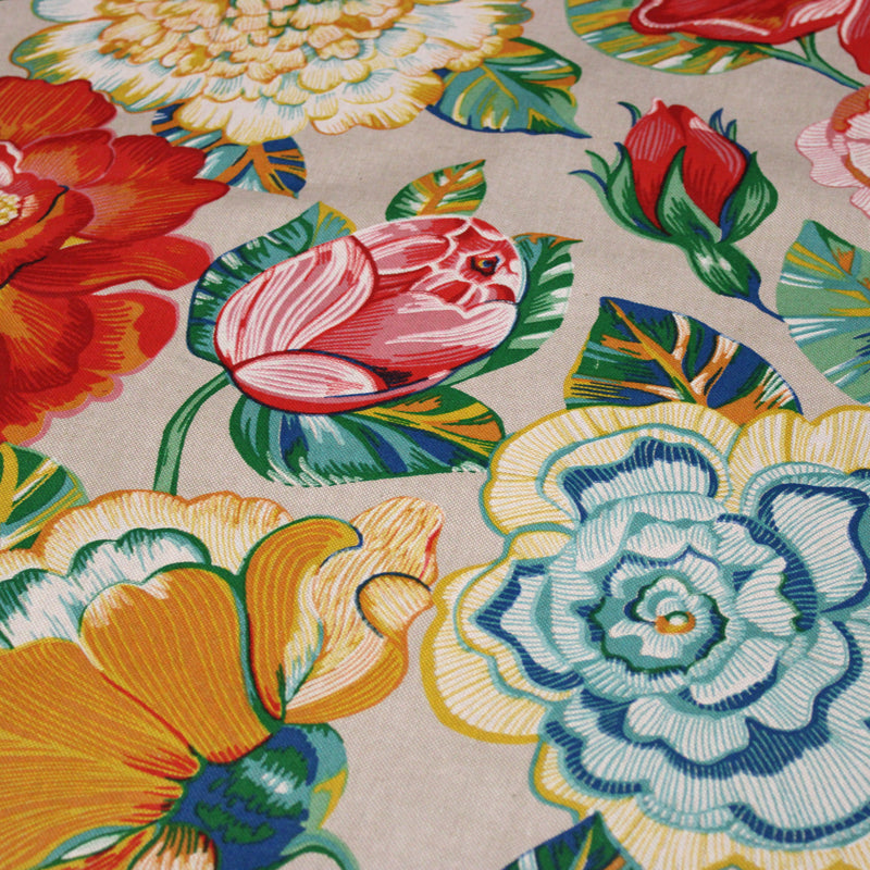 Tissu coton demi-natté PALOMA aux grandes et belles fleurs colorées, fond lin - OEKO-TEX STANDARD 100