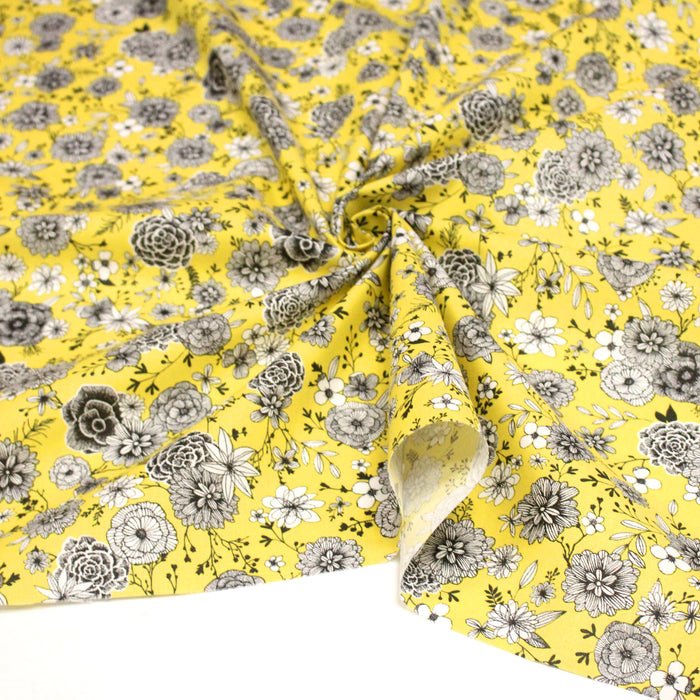 Tissu coton jaune citron & imprimé fleuri noir et blanc - COLLECTION SIRACUSA