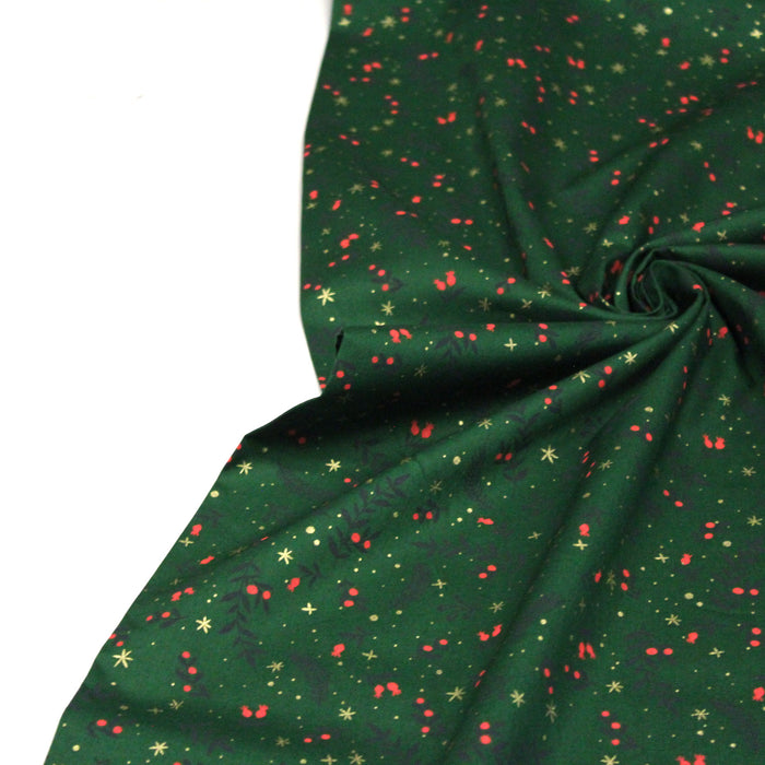 Tissu de coton de Noël vert aux branches de houx vertes et étoiles dorées - COLLECTION NOËL - OEKO-TEX