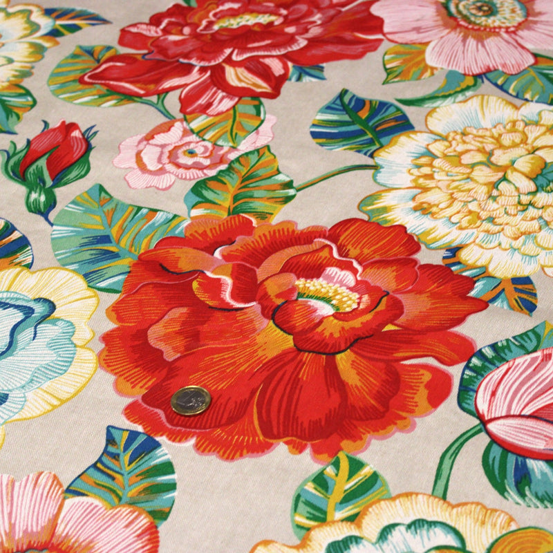 Tissu coton demi-natté PALOMA aux grandes et belles fleurs colorées, fond lin - OEKO-TEX STANDARD 100