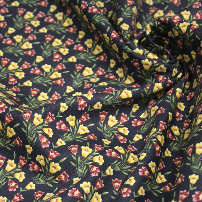 Tissu popeline coton gris aux petites fleurs roses et jaunes - Collection britannique - TissusPapi.com