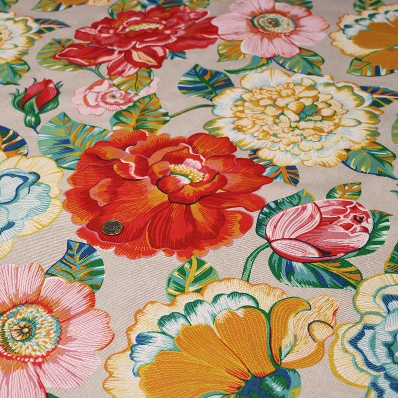Tissu coton demi-natté PALOMA aux grandes et belles fleurs colorées, fond lin - OEKO-TEX STANDARD 100