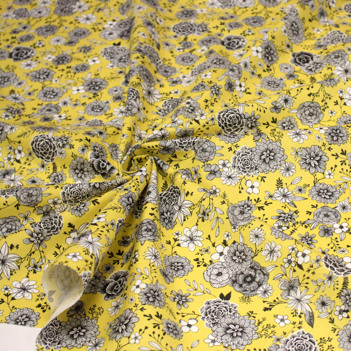 Tissu coton jaune citron & imprimé fleuri noir et blanc - COLLECTION SIRACUSA