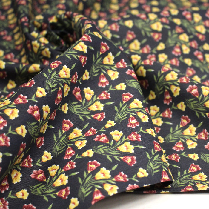 Tissu popeline coton gris aux petites fleurs roses et jaunes - Collection britannique - TissusPapi.com