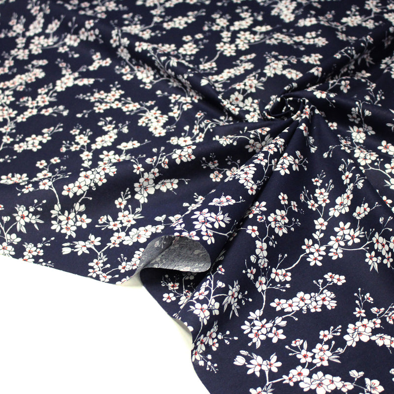 Tissu cotonnade HANA HANA, fleurs de cerisier japonais noir & blanc, fond rouge / bleu / jaune - OEKO - TEX - TissusPapi.com