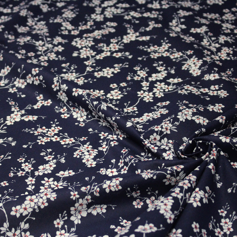 Tissu cotonnade HANA HANA, fleurs de cerisier japonais noir & blanc, fond rouge / bleu / jaune - OEKO - TEX - TissusPapi.com