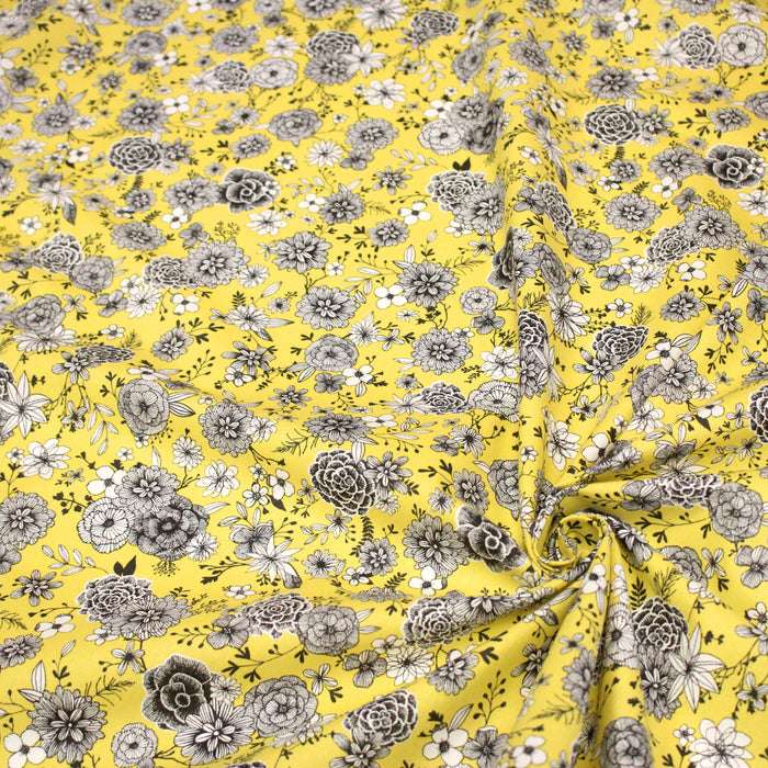 Tissu coton jaune citron & imprimé fleuri noir et blanc - COLLECTION SIRACUSA