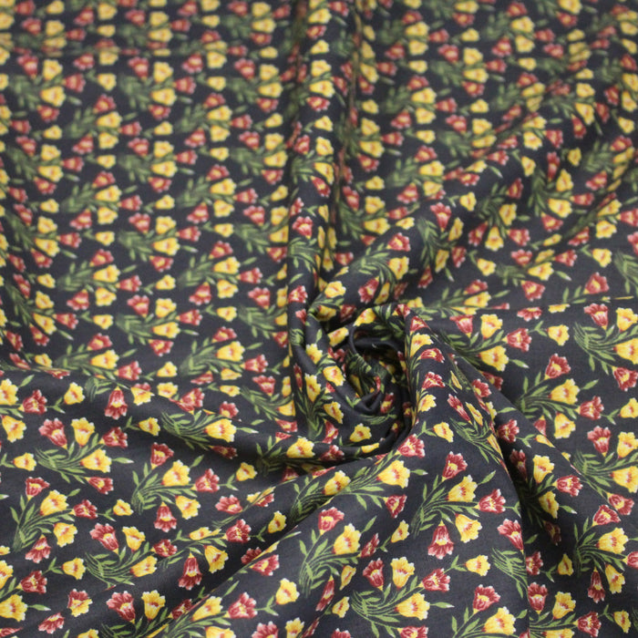 Tissu popeline coton gris aux petites fleurs roses et jaunes - Collection britannique - TissusPapi.com